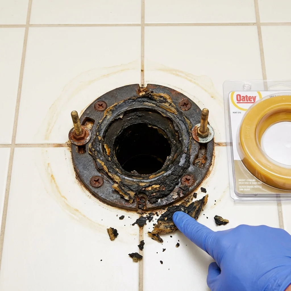 Failed wax ring showing water seepage at the base of a toilet in a Geneva, FL home